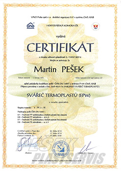 Certifikát - Evropský Svářeč Termoplastů